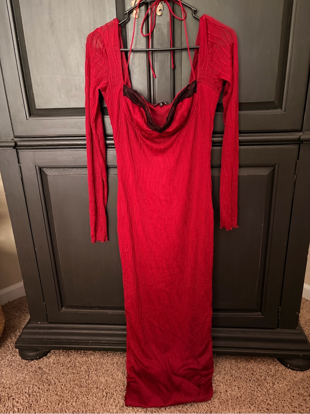 Fashion Nova Red Long Sleeve Cowl Maxi Dress with Lace Trim